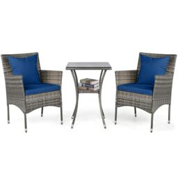 GiantexUK 3PCS Outdoor Bistro Set, PE Rattan Patio Dining Set with with Glass-Top Table, 2 Chairs & Cushions, Garden Furniture Set for Balcony Poolside (Navy)