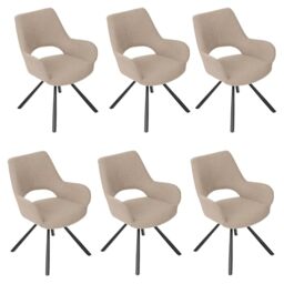 MEUBLE COSY Dining Chairs Set of 6 Fabric Upholstered Corner Armchair with Arms Backrest for Dressing Table Desk Lounge Living Room Kitchen Bedroom Home Office, Metal Legs, Beige