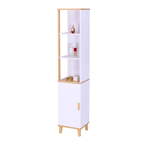 Relaxdays bathroom cabinet with door, HWD: 169x33x31 cm, 5 shelves, bamboo, MDF, tall, slim, white/natural