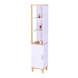 Relaxdays bathroom cabinet with door, HWD: 169x33x31 cm, 5 shelves, bamboo, MDF, tall, slim, white/natural