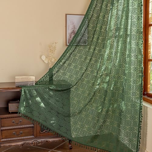 Kotile Dark Green Boho Curtain with Tassels, 1 Panel, 60 x 84 Inch - Rod Pocket, Crochet Lace Charm, Softened Light, Woodland Calm, Subtle Privacy, Refined Living Room, Full-Length Balance