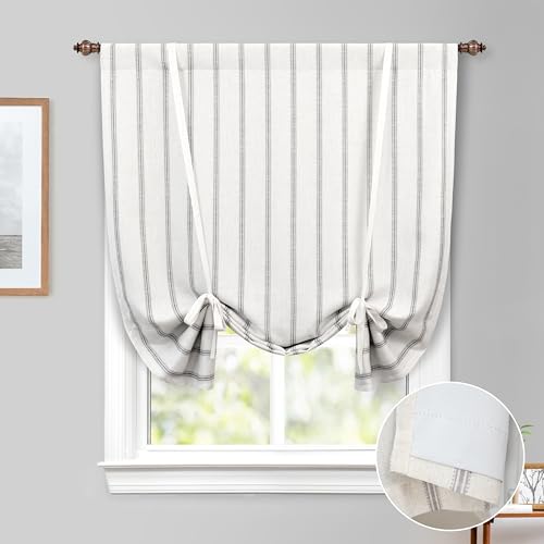 DriftAway Farmhouse Linen Blend Blackout Tie Up Curtain for Kitchen Vertical Striped Printed Linen Curtains Tie Up Shade for Bedroom Adjustable Balloon Rod Pocket 45 Inch by 63 Inch Grey