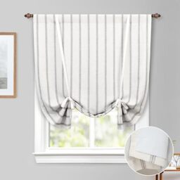 DriftAway Farmhouse Linen Blend Blackout Tie Up Curtain for Kitchen Vertical Striped Printed Linen Curtains Tie Up Shade for Bedroom Adjustable Balloon Rod Pocket 45 Inch by 63 Inch Grey