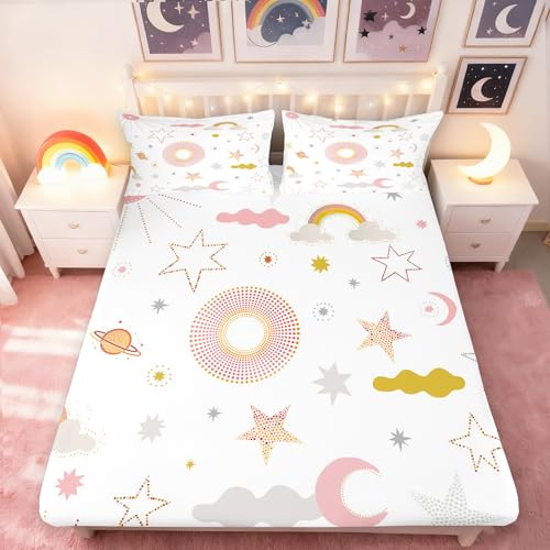 Starry Sky Moon Kids Fitted Sheet Queen Size,Glitter Rainbow Sun Stars Print Bedding Set 3Pcs Boho Style Bed Sheet for Girls Boys Teens Room Decor,Pink Gold White Deep Packet Sheet,2 Pillowcases