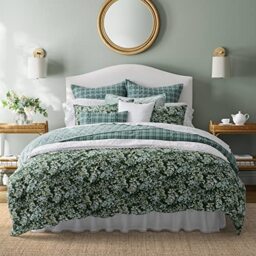 Laura Ashley Cotton Bedding with Matching Shams, Home Decor with Plaid Reverse, Bramble Floral Green, Queen