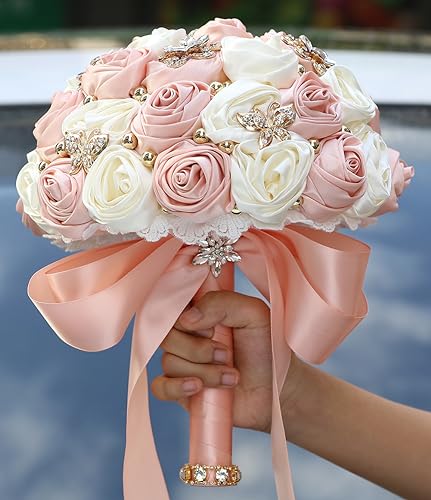 "Sharebeauty 7.1"" Handmade Satin Rose Bridal Bouquet Toss Round Wedding Bouquet Throw Toss Artificial Flower Bunch Pale Pink + Ivory"