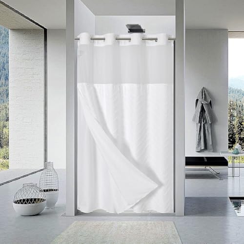 eachope No Hook Boho Farmhouse Shower Curtain with Snap-in Fabric Liner set-54Wx80H(78H),White Tufted Chevron Striped Hotel Grade Cloth Shower Curtains for Bathroom with Window,Water Repellent