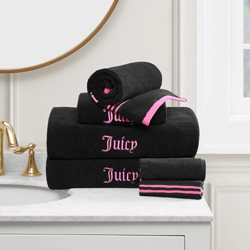 Juicy Couture Black/Hot Pink Neon Border Bath Towels 6-Piece 100% Cotton Bath Towel Set
