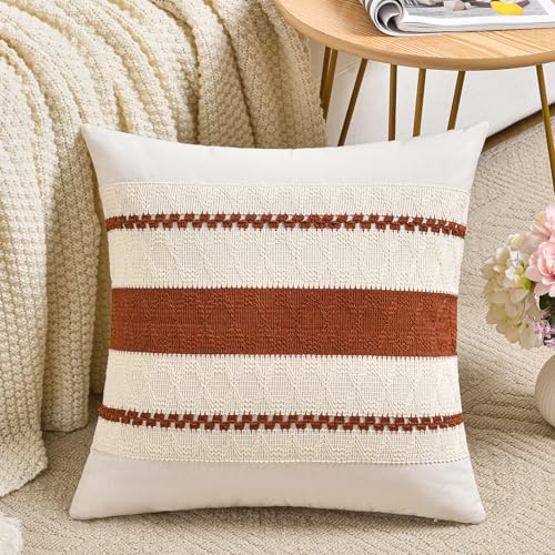 Fancy Homi Set of 1 Rust Boho Big Decorative Throw Pillow Covers 24x24 Inch for Couch Bed Sofa, Aesthetic Modern Organic Fall Room Decor, Soft Cotton Terracotta Textured Farmhouse Cushion Case