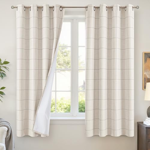 Lajode Plaid Curtains 63 Inch Long - Insulated Linen Blackout Curtains for Living Room, Boho Gingham Patterned Farmhouse Window Treatments for Bedroom Striped Drapes 52x63 Inch 2 Panels, Grey