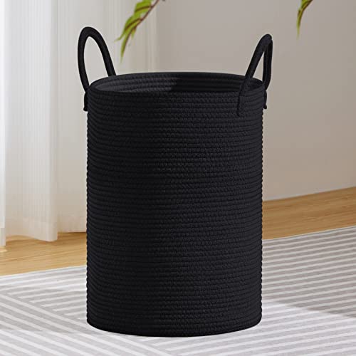 VIPOSCO 72L Tall Woven Laundry Basket Hamper, Black - Cotton rope laundry hamper, collapsible wicker basket, storage for blanket, toys, dirty clothes, for bedroom, bathroom