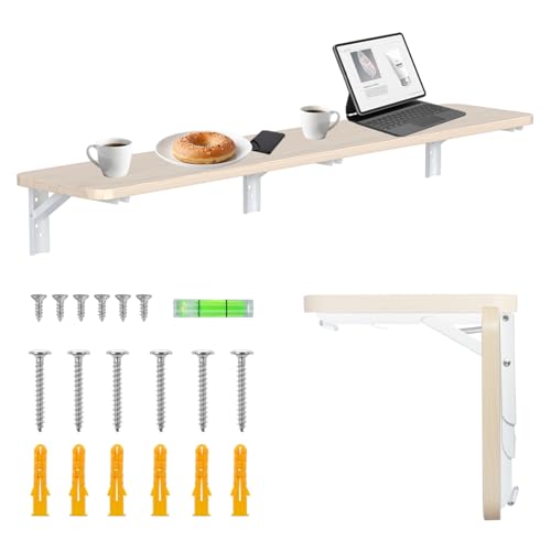 Maclean folding wall shelf load capacity 50 kg folding table with safety lock folding knob included level for kitchen bathroom (Light wood, 100x20 cm)