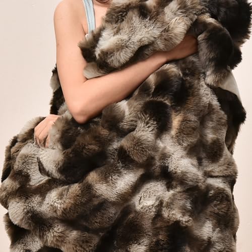 "PHF Luxury Faux Rabbit Fur Throw Blanket, Ultra Soft Fluffy Plush Cozy Warm Bubble Blanket for Bed, Couch, Sofa Decorative, Thick Reversible Throw Suitable for Fall & Winter, 50"" x 60"", Tie Dye Brown"