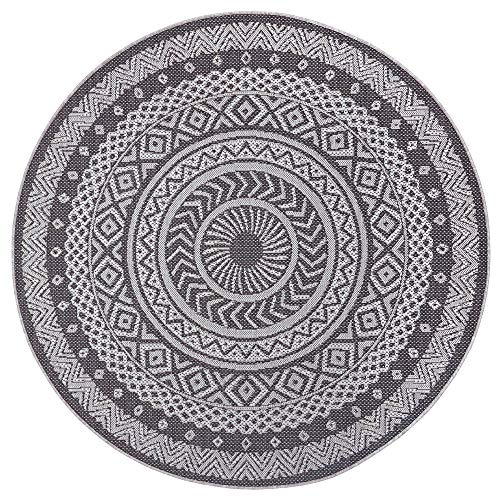 Hanse Home Laos Flat Weave Indoor and Outdoor Rug, Weatherproof, Oriental Boho Design for Balcony, Patio, Garden, Conservatory, Living Room Rug Waterproof, Grey/Light Grey, 160 cm, Round