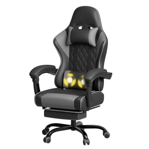 JUMMICO Gaming Chair, Desk Chair with Massage Function, Office Chair Ergonomic with Footrest, 150 kg, Gray