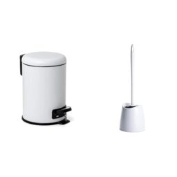 TATAY Stainless Steel Bathroom Bin with Pedal, 3L Capacity, Removable Interior, Color White. + Standard Toilet Brush, Polypropylene, Black Brush, White Color.