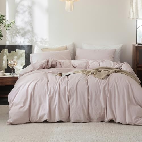 FOSSA Duvet Cover Set 100% Washed Cotton Linen Feel King - Super Soft Breathable Lightweight & All Season Bedding Set with Hidden Zipper & 8 Corner Ties (Greyish Pink)