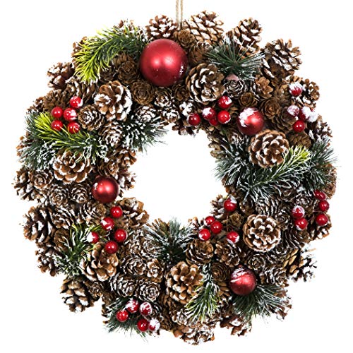 GreenBrokers Christmas Hanging Wreath 37cm - Festive Pine Cone Display with White Frosting White