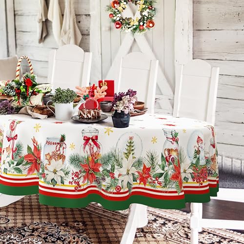 Oval Christmas Tablecloth, 60 x 84In, Poinsettia Snowflake Holiday Decoration, Polyester Waterproof Wrinkle-Resistant Durable for Kitchen & Home Decor