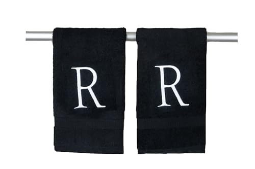 Black with White Monogrammed Hand Towels for Bathroom - Set of 2 Letter R - Luxury Hotel Quality Initial Towels For Powder Room, Spa, GOTS Organic Certified