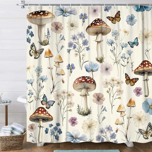 Mushroom Shower Curtain for Bathroom, Boho Floral Wildflower Butterfly Bath Curtain Rustic Herbs Plants Botanical Aesthetic Waterproof Shower Curtains Polyester Fabric with 12 Hooks 72x72 Inch