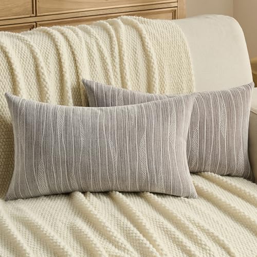 FUTEI Dyeing Coffee Chenille Throw Pillow Covers 12x20 Inch Set of 2,Soft Line Textured Lumbar Pillow Cases,Modern Home Decor for Couch Living Room