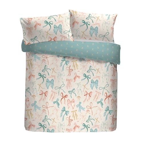 Fusion Evelyn Duvet Cover Set, 52% Recycled Polyester 48% Cotton, Double 200x200cm, Multi-Coloured, Hand-Painted Watercolour Bows Pattern, Reversible, 56 Pick
