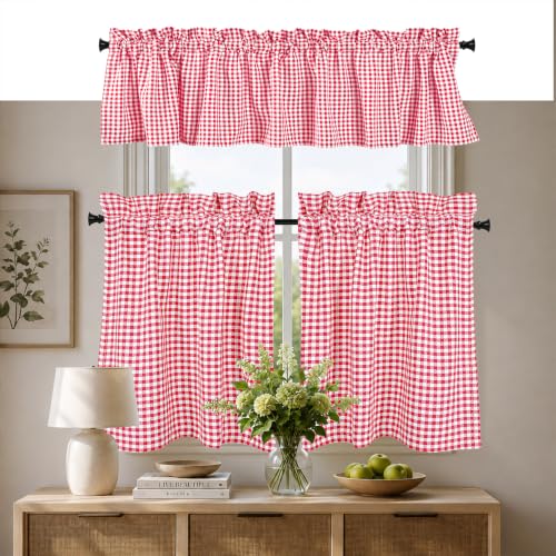 Softopia Cotton 3 Pieces Window Curtain Tiers and Valance Set Cotton, Half Short Window Curtains 2 Tiers & 1 Valance Farmhouse Vintage Curtains for Kitchen Bathroom Living Room- Red