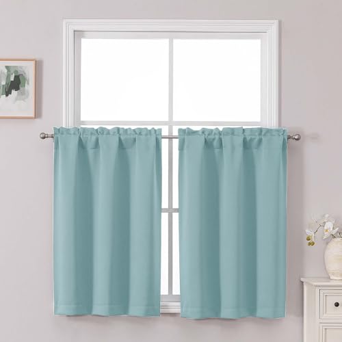Chyhomenyc Short Aqua Curtains 36 Inch Length, Small Kitchen Curtain Tier Rod Pocket Half Window Curtains for Basement Cabinet Camper RV Bunk, 2 PCS, Each 30Wx36L, Aqua