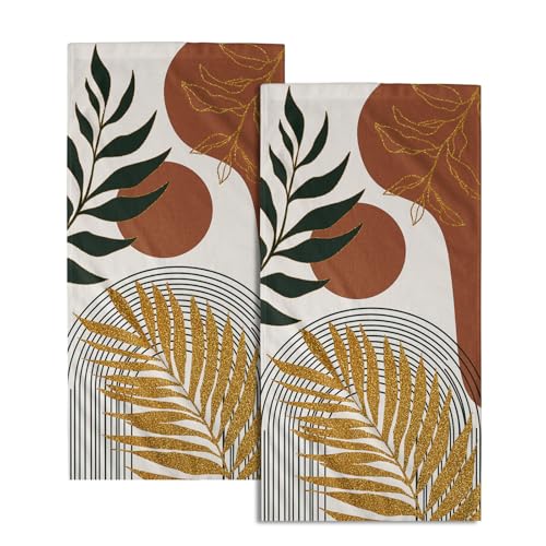 Boho Leaves Kitchen Towels Decorative Set Mid Century Golden Leaf Hand Towels Abstract Modern Sun Minimalist Arch Curve Geometric Boemian Soft Absorbent Drying Tea Towel for Home Yoga Gym Bathroom