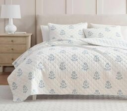 Martha Stewart - Queen Quilt Set, 100% Cotton Reversible Bedding Set, Incredibly Soft Feel for Year Round Comfort, 3 Piece Bed Set with Matching Pillowcases (Flower Block Print Blue)