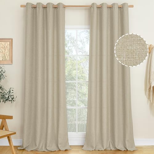 LAMIT Natural Linen Curtains 102 inch Long 2 Panels, Linen Textured Thermal Insulated Bedroom Curtains Grommet Privacy Burlap Boho Drapes for Living Room/Farmhouse, W52 x L102, Camel