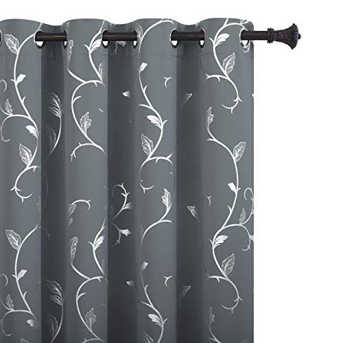 BUHUA Blackout Curtains Silver Foil Print Flower Vine Grommet Drapes, Room Darkening Thermal Insulated Curtains, Noise Reducing Curtain for Bedroom, Grey, 66Wx84L, 2 Panels