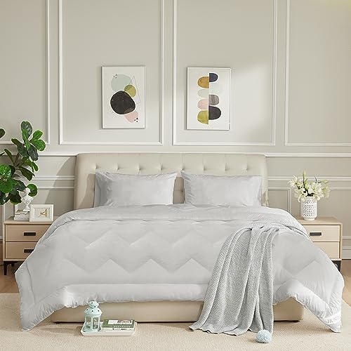 HOMTEC Twin Size Duvet Insert - All Season 100% Cotton Comforter - Quilted Fluffy Down Alternative Duvet Insert - Light Gray - Soft Breathable & Lightweight with 4 Corner Tabs