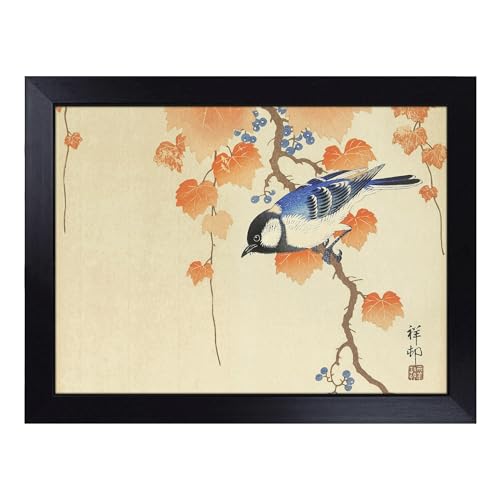 Lap Tray with Bean Bag Cushion, Great Tit On A Paulownia Branch By Ohara - Handmade in the UK, Raised Wooden Edge, Padded Cushion, Heat-Resistant Wipe-Clean Surface, for Meals, Laptops and Crafts