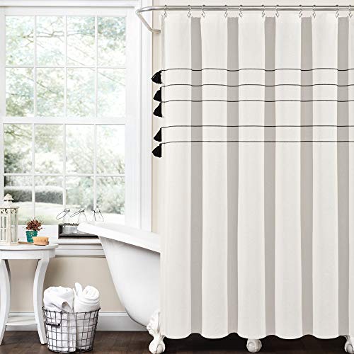 "Lush Decor Farmhouse Boho Stripe Woven Tassel Yarn Dyed Cotton Shower Curtain, 72"" x 72"", Ivory"