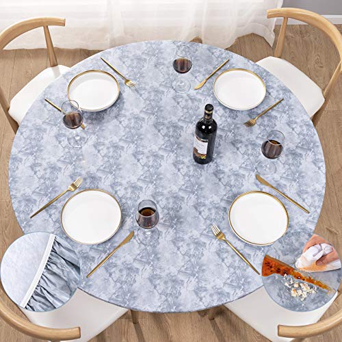 "UMINEUX Round Fitted Vinyl Tablecloth with Elastic Edged & Flannel Backing, Waterproof Wipeable Round Table Cover for Indoor Outdoor Patio Use - Fits Tables up to 45"" - 56"" Diameter(Grey Marble)"