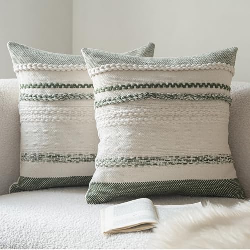 Cethom Boho Throw Pillow Covers 20x20 Inch Set of 2, Green Textured Decorative Couch Pillow Cases for Farmhouse Home Decor, Accent Cushion Cover for Sofa, Bed, Living Room, Bedroom