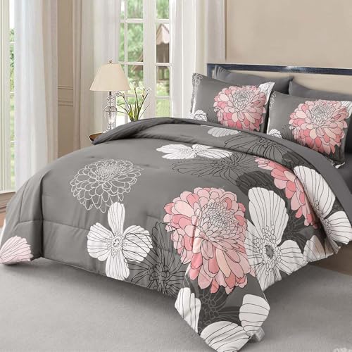 Yiran Cal King Flower Boho Comforter Set Gray Pink Bed in a Bag 7 Pieces Floral Bedding Set (1 Comforter 1 Flat Sheet 1 Fitted Sheet 2 Pillowcases 2 Pillow Shams)