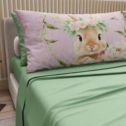 PETTI Artigiani Italiani - Easter Cotton Sheets with Pillowcases in Digital Print, Double Maxi, Complete Top and Bottom Sheet with Corners, 17 Sage, Made in Italy