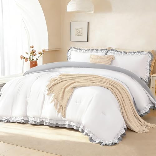 PERFEMET Ruffled Comforter Set Full White - Double Ruffle White Comforter 5 Piece Vintage Shabby Chic Bedding - Fluffy Lightweight All-Season Reversible Bed Set (White and Gray, Full)