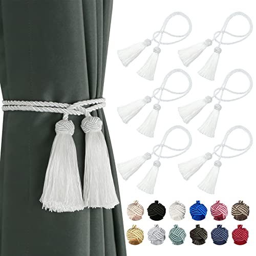 BEL AVENIR 6 Pack Curtain Handmade Tiebacks Decorative Curtain Holdbacks with Tassel (White, 6 Pack)