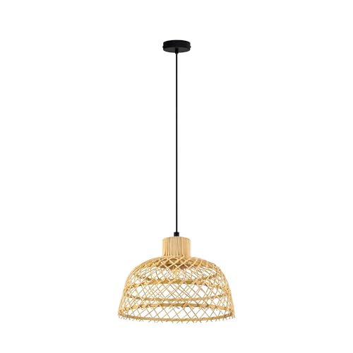 Eglo Ausnby Scandinavian Pendant Light, Vintage/Boho Ceiling Light Fitting, Dining Room and Living Room Hanging Lamp in Natural Wood and Black Mental, E27 Socket