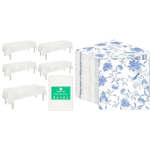 Talking Tables White Paper Table Cover 5pk & Blue Floral Napkins 100pk Disposable Party Bundle