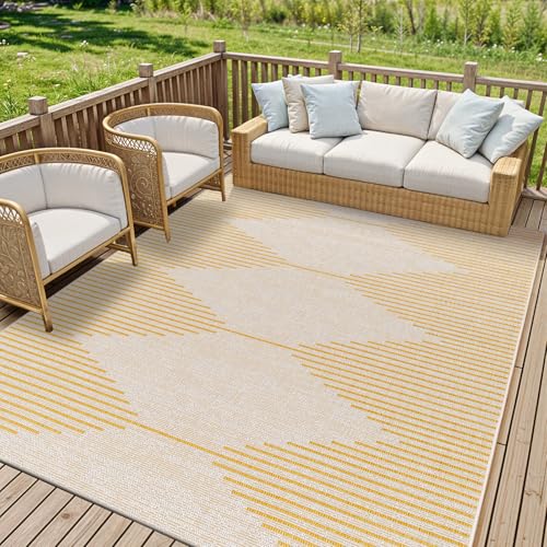 Livabliss Dolly Sevilla Indoor Outdoor Carpet 200x275 cm, Living Room, Dining & Kitchen, Waterproof, Stain Resistant, Durable Boho Style, Mustard Ivory