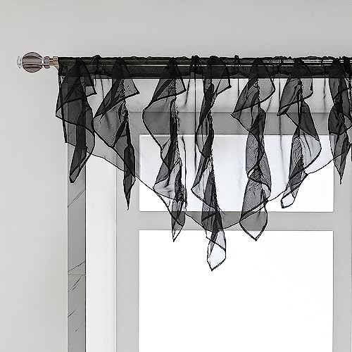 PearAge Ruffled Voile Semi Sheer Curtains, Kitchen Living Room Shabby Chic Ruffle Curtains, Girls Daughters Bedroom Cascade Window Valance 52x26 Inches (Black-Triangle)