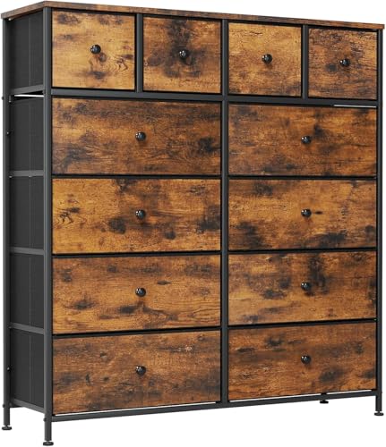 Clevich Chest of Drawers, Five-Layer Storage Cabinet with 12 Drawers Bedroom, 104 * 30 * 111 cm, Industrial Chest of Drawers, Metal Frame, Wood Surface Fabric Drawers for Hallway Living Room (Brown)