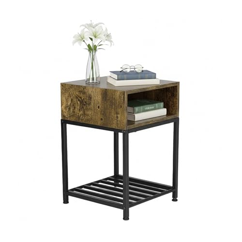 Relaxdays bedside table, storage & shelf, HWD 58x40x40 cm, industrial style, wood look, metal, dark brown/black