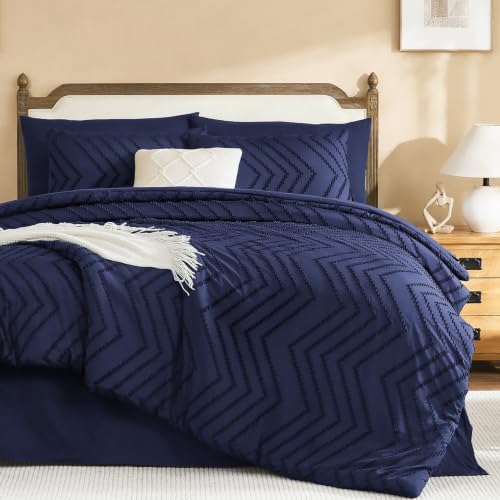 Litanika California King Comforter with Sheets, 7 Pieces Boho Bed Set - Navy Blue Bed in a Bag Fluffy Lightweight Neutral Soft Warm Chevron Tufted Textured Bed Set