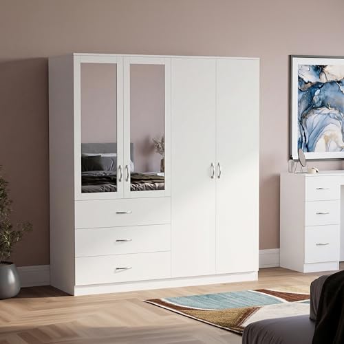 Vida Designs Riano 4 Door 3 Drawer Mirrored Wardrobe - White - Modern Bedroom Furniture - 175H x 154W x 54D cm - With Storage Shelf & Hanging Rail - Large Capacity Storage